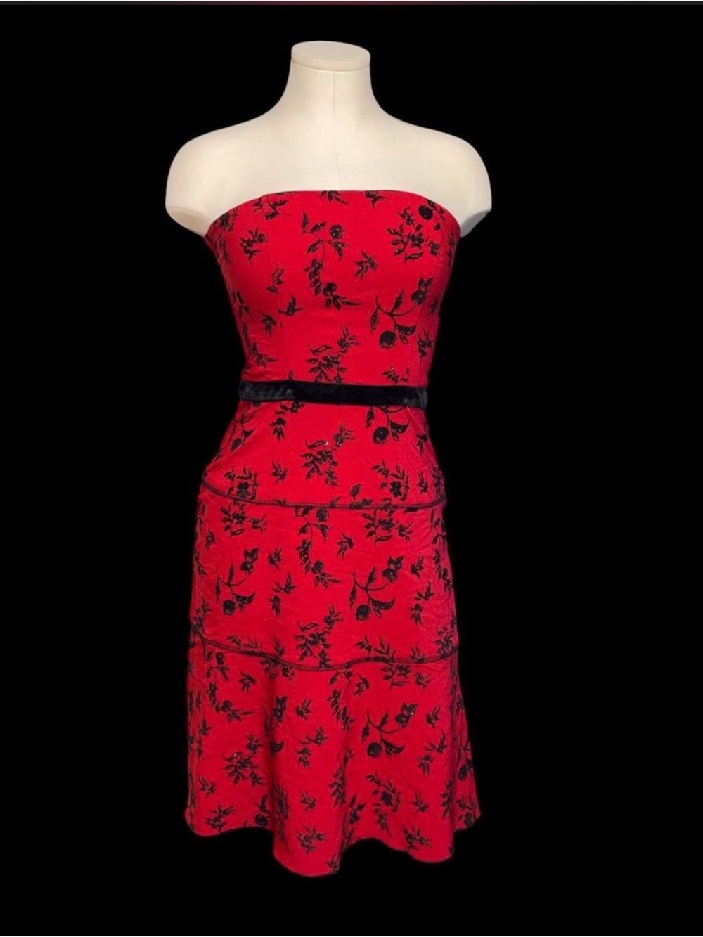 Strapless Red Floral Dress with Black Accents